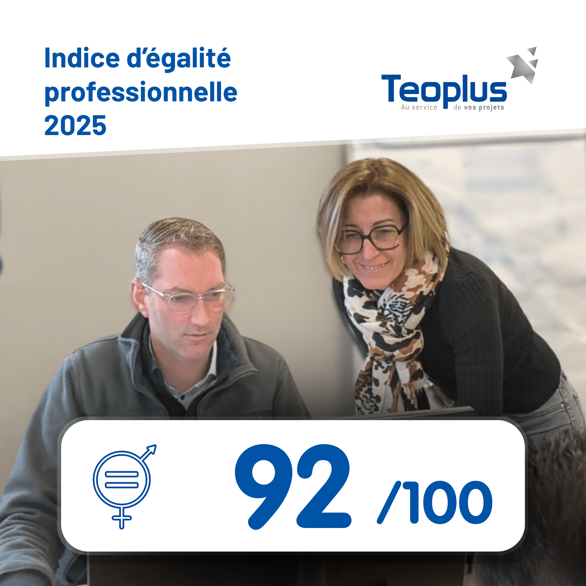 Indice d'égalité professionnelle 92 sur 100- un homme et une femme salariés de Teoplus